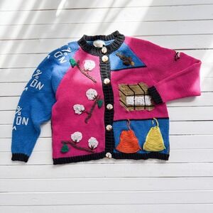 SG Morris vtg cotton farm‎ pink blue embroidered cardigan sweater
